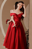 solvbao Burgundy Satin Short Prom Dresses, Off the Shoulder Evening Dresses