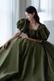 solvbao Green Satin Long A-Line Prom Dresses, Cute Puff Sleeves Evening Dresses