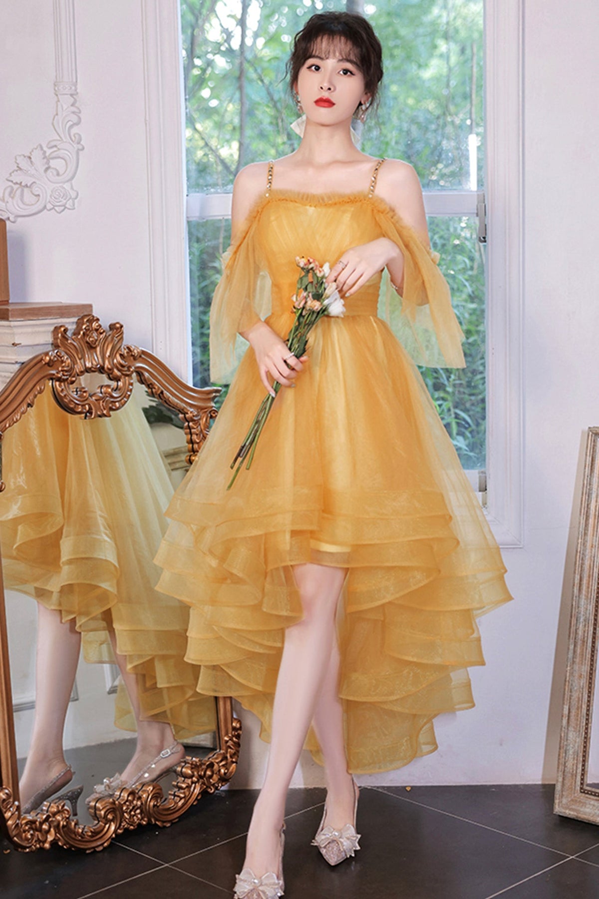 solvbao Yellow Tulle High Low Prom Dresses, A-Line Evening Dresses