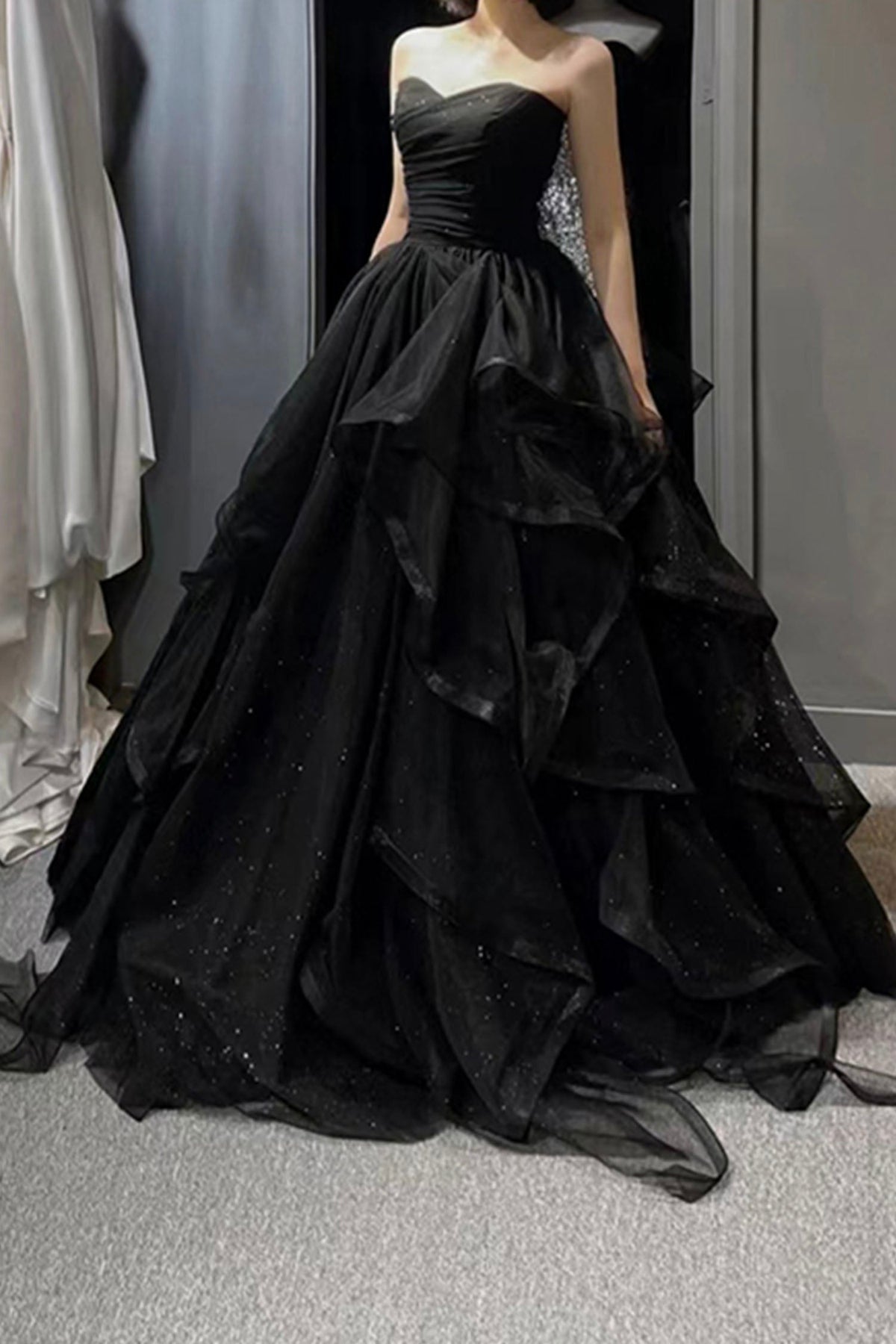 solvbao Black Tulle Long A-Line Prom Dress, Black Evening Party Dress