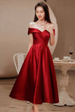 solvbao Burgundy Satin Short Prom Dresses, Off the Shoulder Evening Dresses