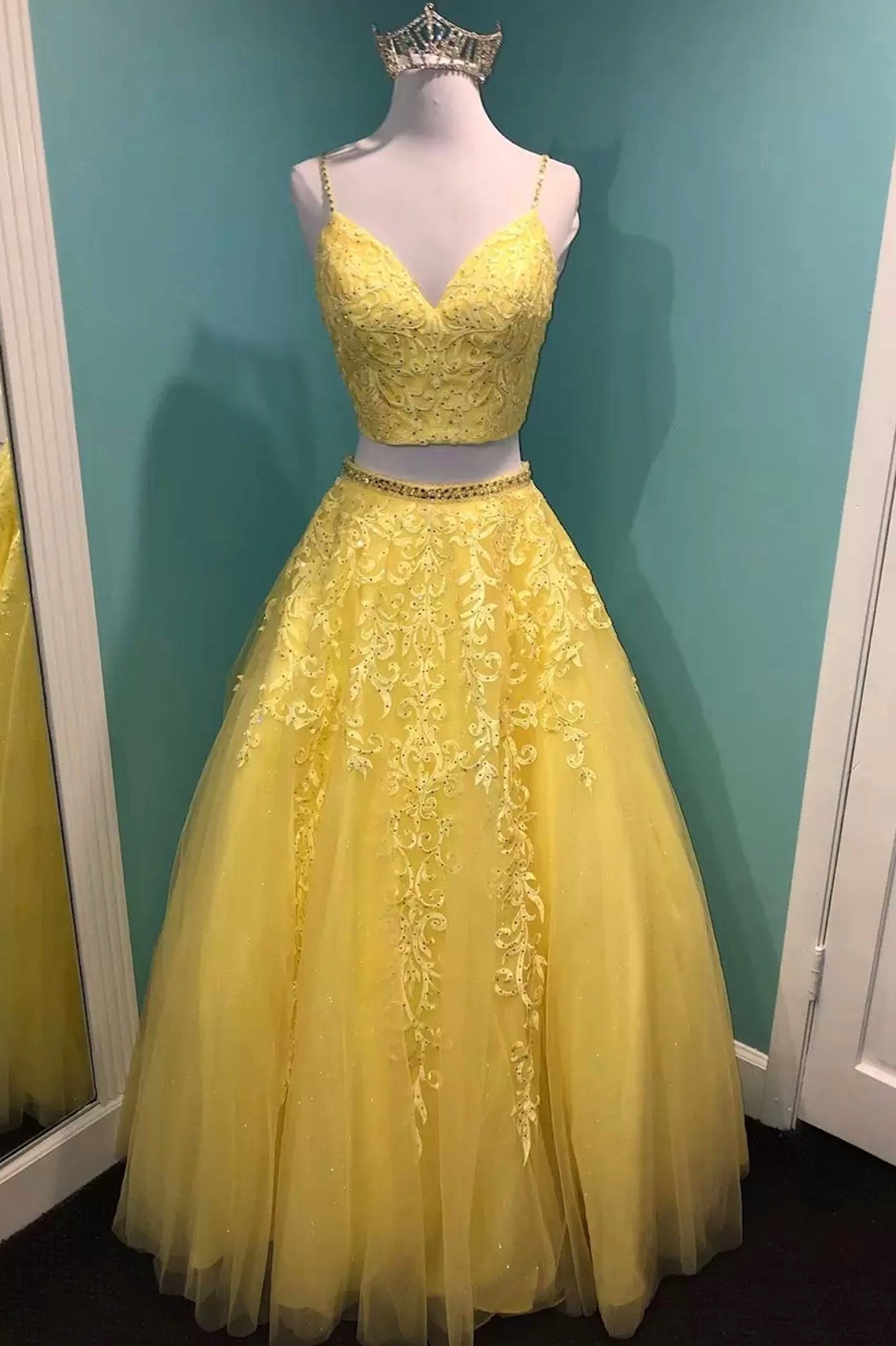 solvbao Yellow Lace Two Pieces Prom Dress, A-Line Evening Party Dress