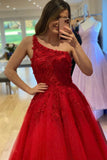 solvbao Red Lace Long Prom Dresses, One Shoulder Evening Dresses