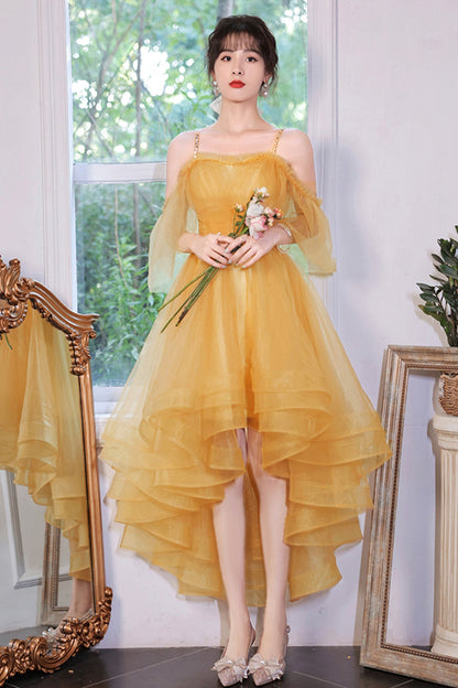 solvbao Yellow Tulle High Low Prom Dresses, A-Line Evening Dresses