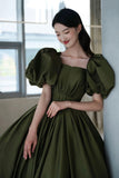 solvbao Green Satin Long A-Line Prom Dresses, Cute Puff Sleeves Evening Dresses