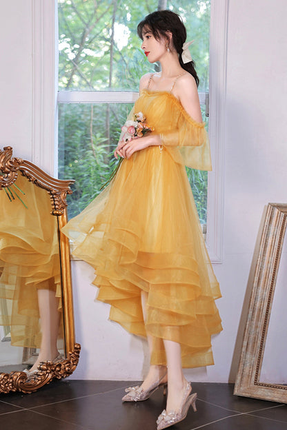 solvbao Yellow Tulle High Low Prom Dresses, A-Line Evening Dresses