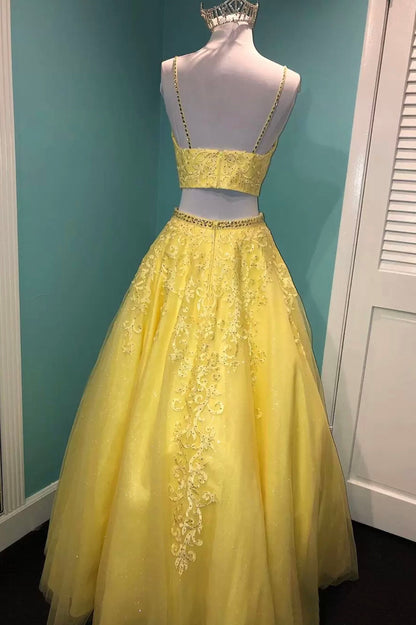 solvbao Yellow Lace Two Pieces Prom Dress, A-Line Evening Party Dress