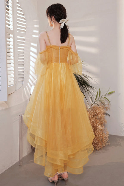 solvbao Yellow Tulle High Low Prom Dresses, A-Line Evening Dresses