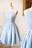 solvbao Blue Satin Short Prom Dresses, A-Line Evening Dresses