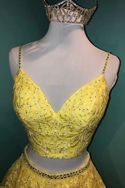 solvbao Yellow Lace Two Pieces Prom Dress, A-Line Evening Party Dress