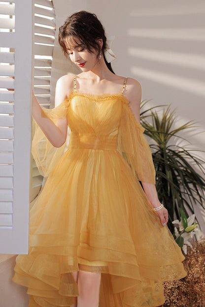 solvbao Yellow Tulle High Low Prom Dresses, A-Line Evening Dresses