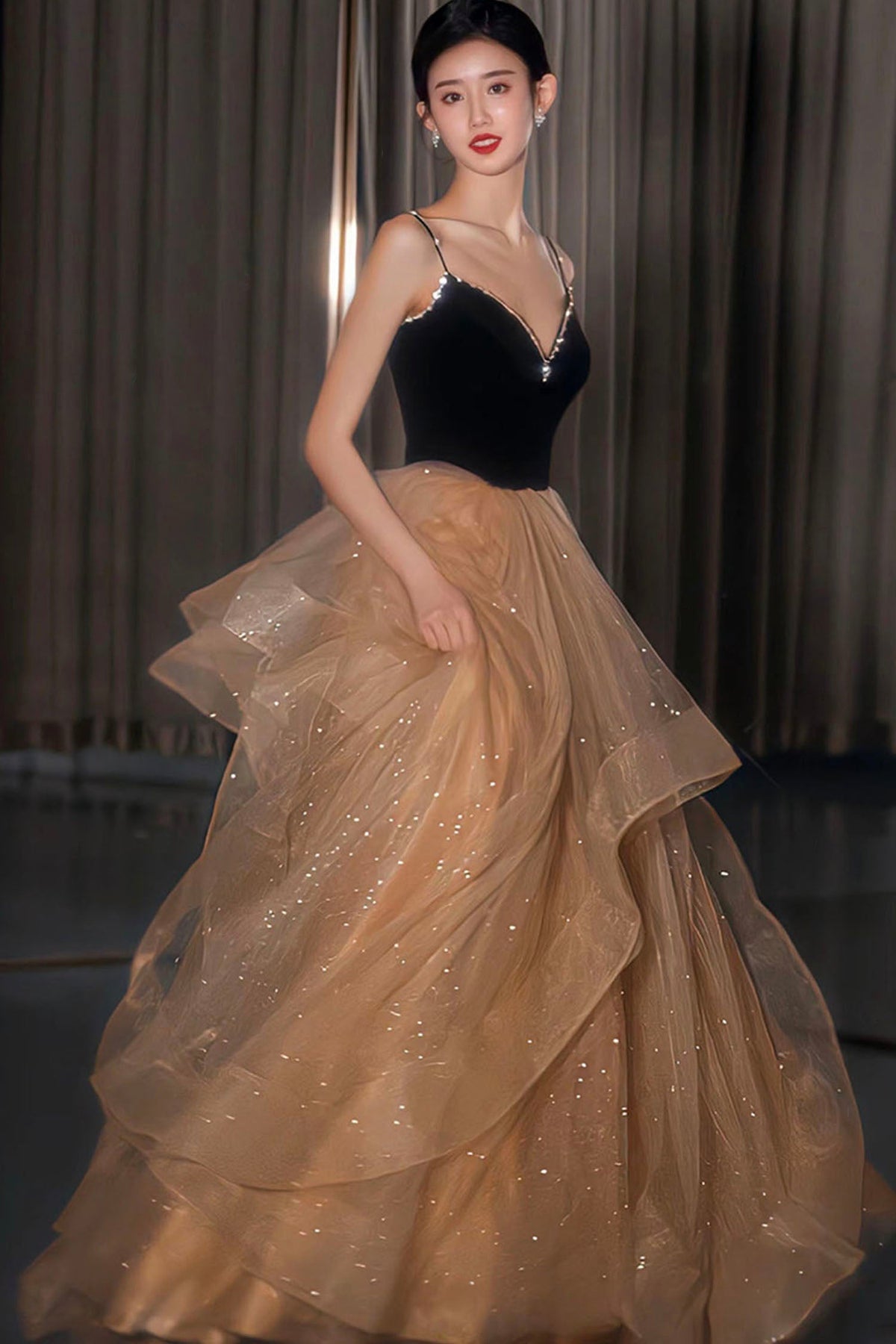 solvbao Stylish Velvet Tulle Long Prom Dress, A-Line Evening Dress