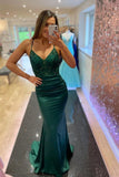 solvbao Green V-Neck Satin Lace Long Prom Dresses, Mermaid Evening Dresses