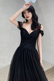 solvbao Black Tulle Long A-Line Prom Dresses, Off the Shoulder Evening Dresses