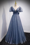 solvbao Blue V-Neck Tulle Long Prom Dresses, A-Line Evening Dresses