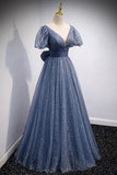 solvbao Blue V-Neck Tulle Long Prom Dresses, A-Line Evening Dresses