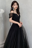 solvbao Black Tulle Long A-Line Prom Dresses, Off the Shoulder Evening Dresses