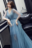 solvbao Blue V-Neck Tulle Long Prom Dreses, A-Line Evening Dresses