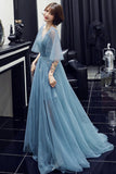 solvbao Blue V-Neck Tulle Long Prom Dreses, A-Line Evening Dresses