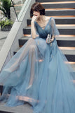 solvbao Blue V-Neck Tulle Long Prom Dreses, A-Line Evening Dresses