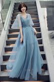 solvbao Blue V-Neck Tulle Long Prom Dreses, A-Line Evening Dresses