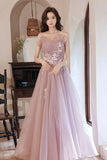 solvbao Pink Tulle Lace Long Prom Dresses, A-Line Evening Dresses