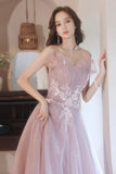 solvbao Pink Tulle Lace Long Prom Dresses, A-Line Evening Dresses