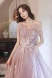 solvbao Pink Tulle Lace Long Prom Dresses, A-Line Evening Dresses