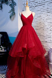 solvbao Red V-Neck Tulle Long Prom Dress, A-Line Evening Dress