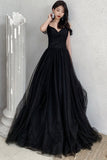 solvbao Black Tulle Long A-Line Prom Dresses, Off the Shoulder Evening Dresses