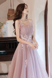 solvbao Pink Tulle Lace Long Prom Dresses, A-Line Evening Dresses