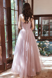 solvbao Pink Tulle Lace Long Prom Dresses, A-Line Evening Dresses