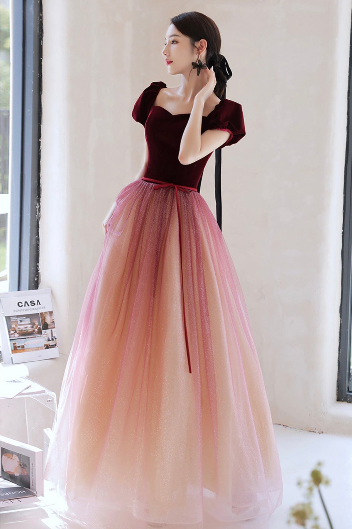 solvbao Burgundy Velvet Tulle Long Prom Dresses, A-Line Evening Dresses