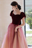 solvbao Burgundy Velvet Tulle Long Prom Dresses, A-Line Evening Dresses