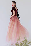 solvbao Burgundy Velvet Tulle Long Prom Dresses, A-Line Evening Dresses