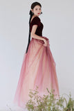 solvbao Burgundy Velvet Tulle Long Prom Dresses, A-Line Evening Dresses