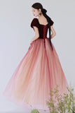 solvbao Burgundy Velvet Tulle Long Prom Dresses, A-Line Evening Dresses