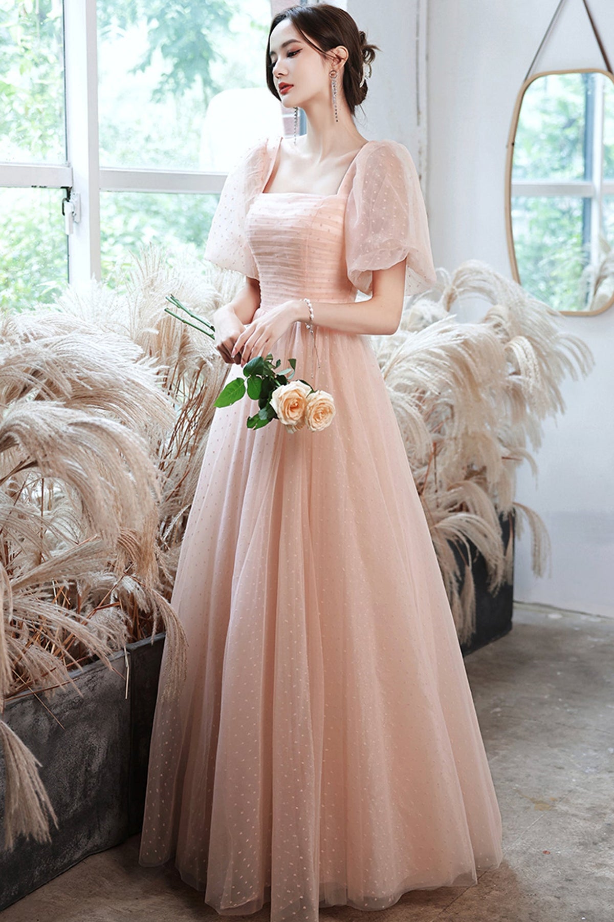 solvbao Pink Tulle Long Prom Dresses, A-Line Evening Dresses