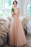 solvbao Pink Tulle Long Prom Dresses, A-Line Evening Dresses