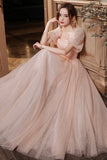 solvbao Pink Tulle Long Prom Dresses, A-Line Evening Dresses