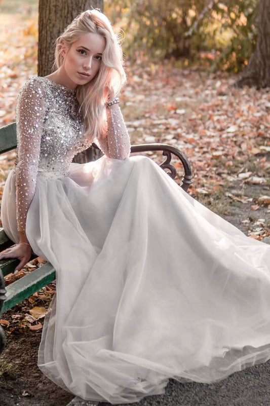 solvbao Grey Tulle Beading Long Sleeve Prom Dresses, A-Line Evening Dresses