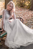 solvbao Grey Tulle Beading Long Sleeve Prom Dresses, A-Line Evening Dresses