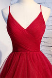 solvbao Red V-Neck Tulle Long Prom Dress, A-Line Evening Dress