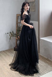 solvbao Black Tulle Long A-Line Prom Dresses, Off the Shoulder Evening Dresses