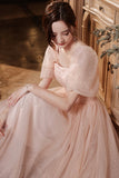 solvbao Pink Tulle Long Prom Dresses, A-Line Evening Dresses