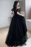 solvbao Black Tulle Long A-Line Prom Dresses, Off the Shoulder Evening Dresses