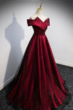 solvbao Burgundy Off the Shoulder Prom Dress, A-Line Evening Party Dress