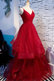 solvbao Red V-Neck Tulle Long Prom Dress, A-Line Evening Dress