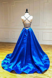 solvbao Blue V-Neck Satin Long Prom Dresses, A-Line Backless Evening Dresses