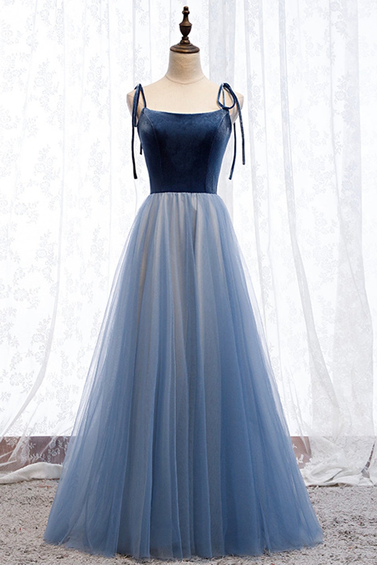 solvbao Blue Velvet Tulle Long Prom Dresses, A-Line Evening Dresses